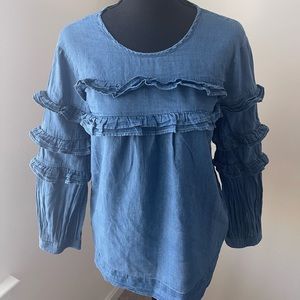 J. CREW CHAMBRAY DARK BLUE BLOUSE KEYHOLE BACK TIERED RUFFLE LONG SLEEVE